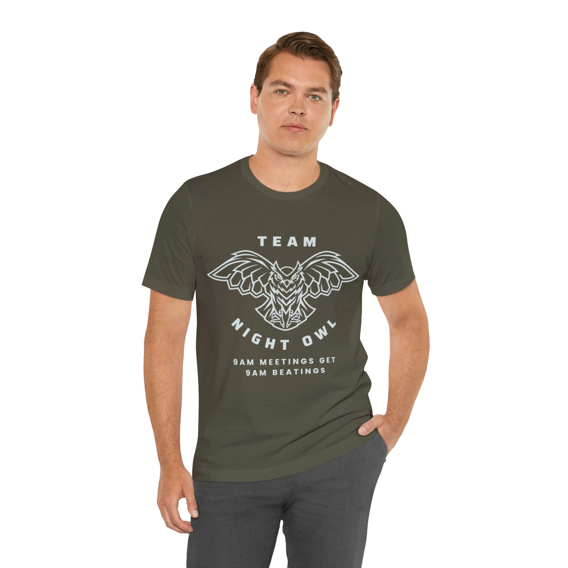 Team Night Owl 9am Meetings Get 9am Beatings Men's Jersey Short Sleeve Tee