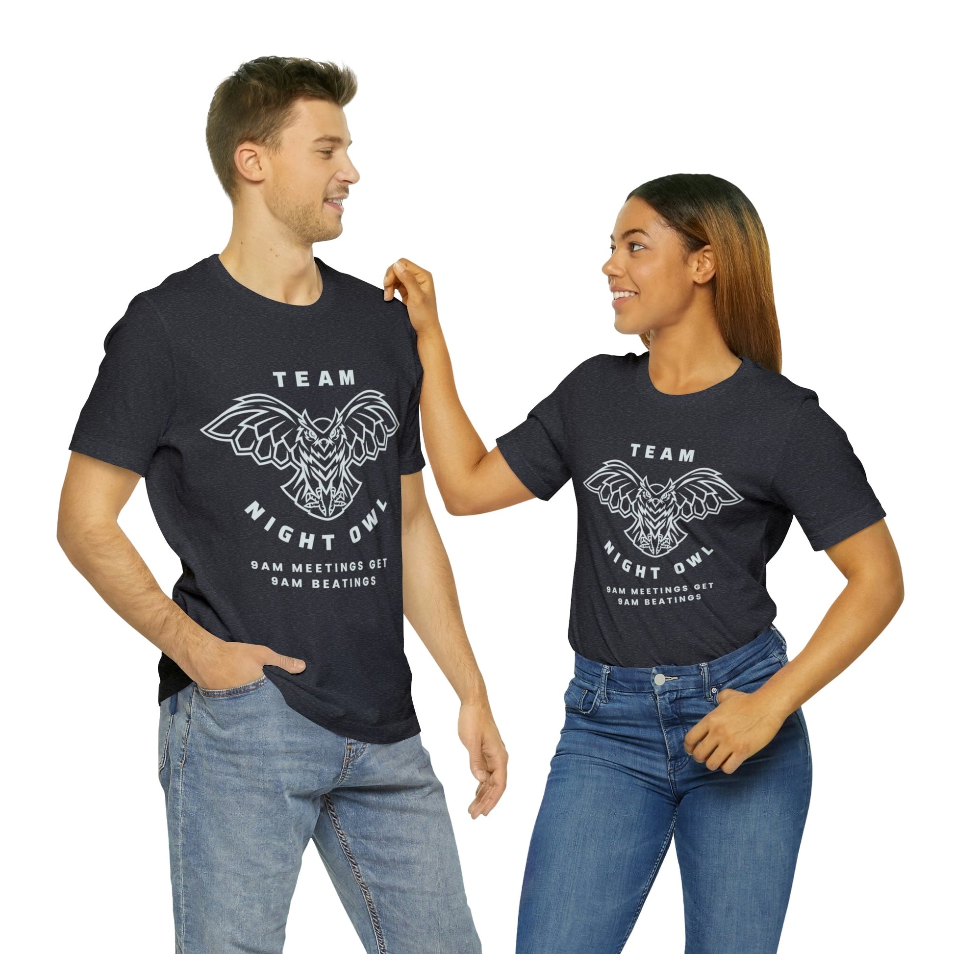 Team Night Owl 9am Meetings Get 9am Beatings Men's Jersey Short Sleeve Tee