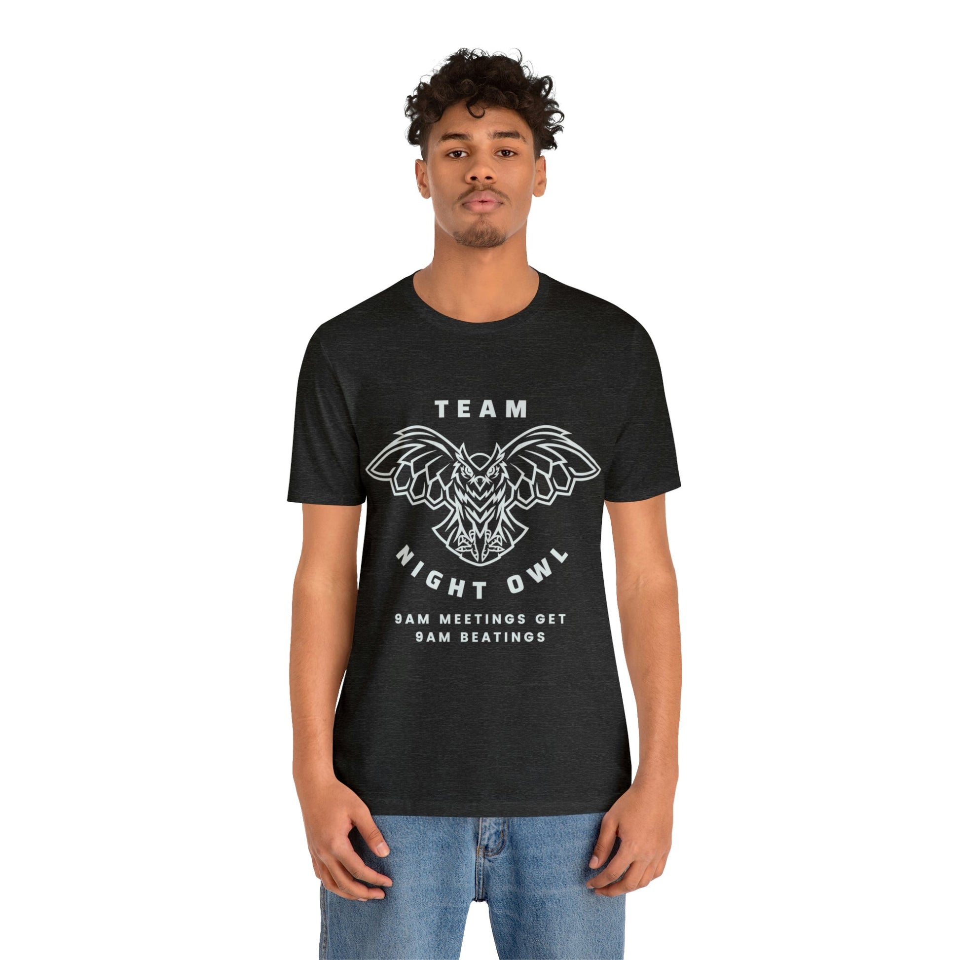 Team Night Owl 9am Meetings Get 9am Beatings Men's Jersey Short Sleeve Tee