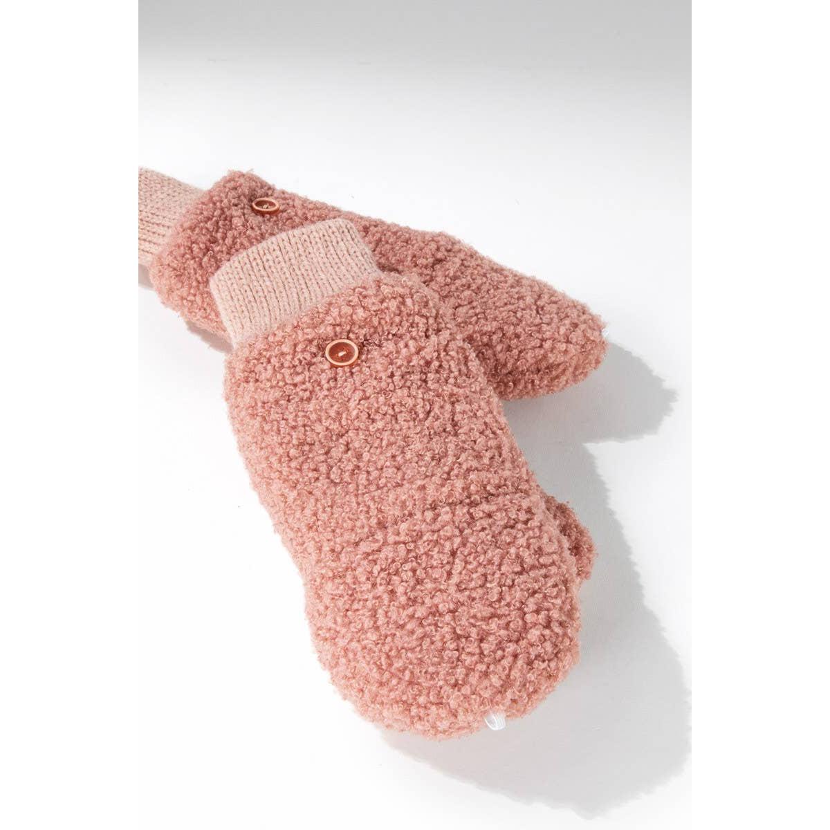 Teddy Bear Pop-Top Mittens in Blush Pink | Cozy Convertible Fleece Mittens | Winter Knit Gloves for Women
