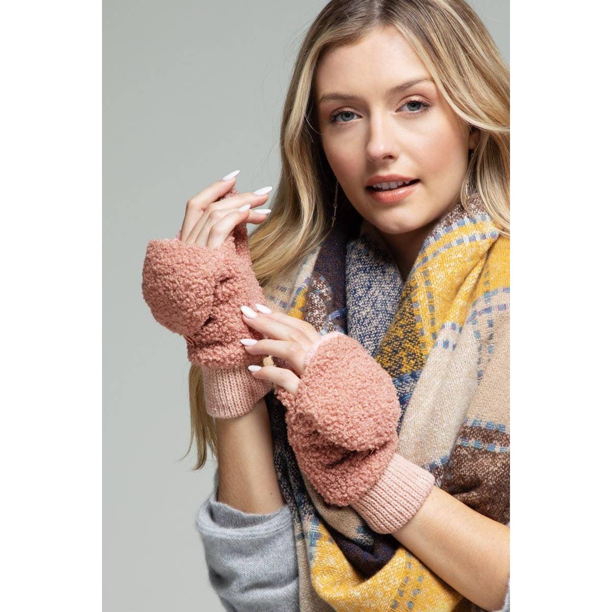 Teddy Bear Pop-Top Mittens in Blush Pink | Cozy Convertible Fleece Mittens | Winter Knit Gloves for Women