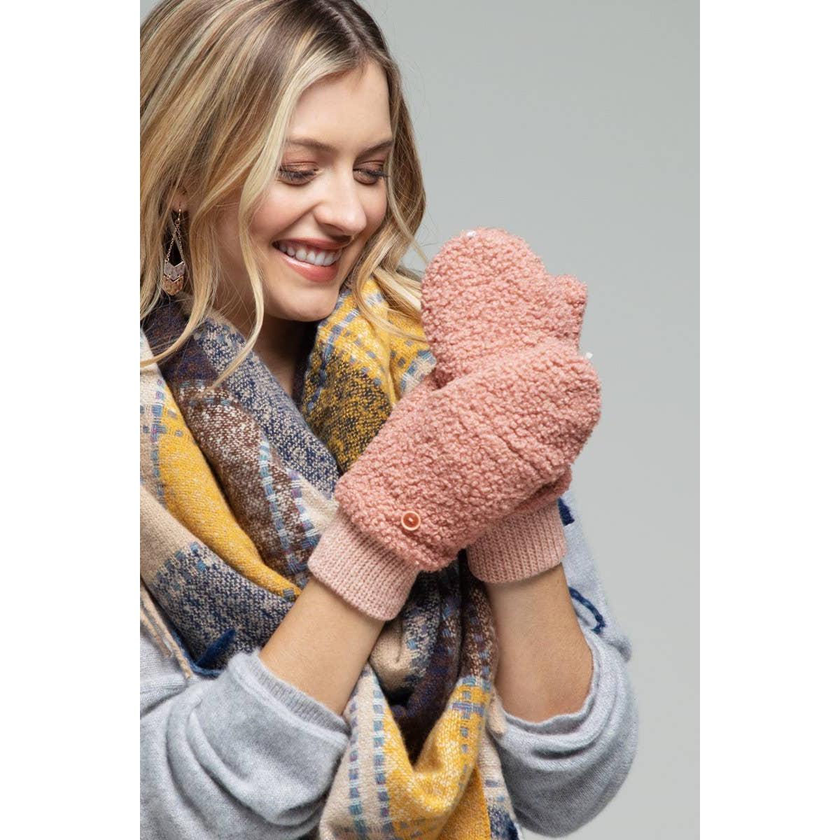 Teddy Bear Pop-Top Mittens in Blush Pink | Cozy Convertible Fleece Mittens | Winter Knit Gloves for Women