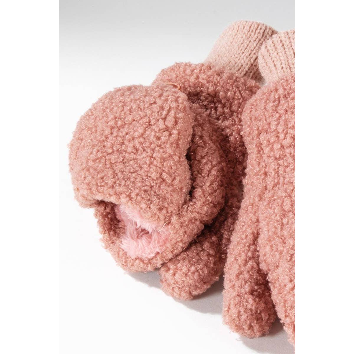 Teddy Bear Pop-Top Mittens in Blush Pink | Cozy Convertible Fleece Mittens | Winter Knit Gloves for Women