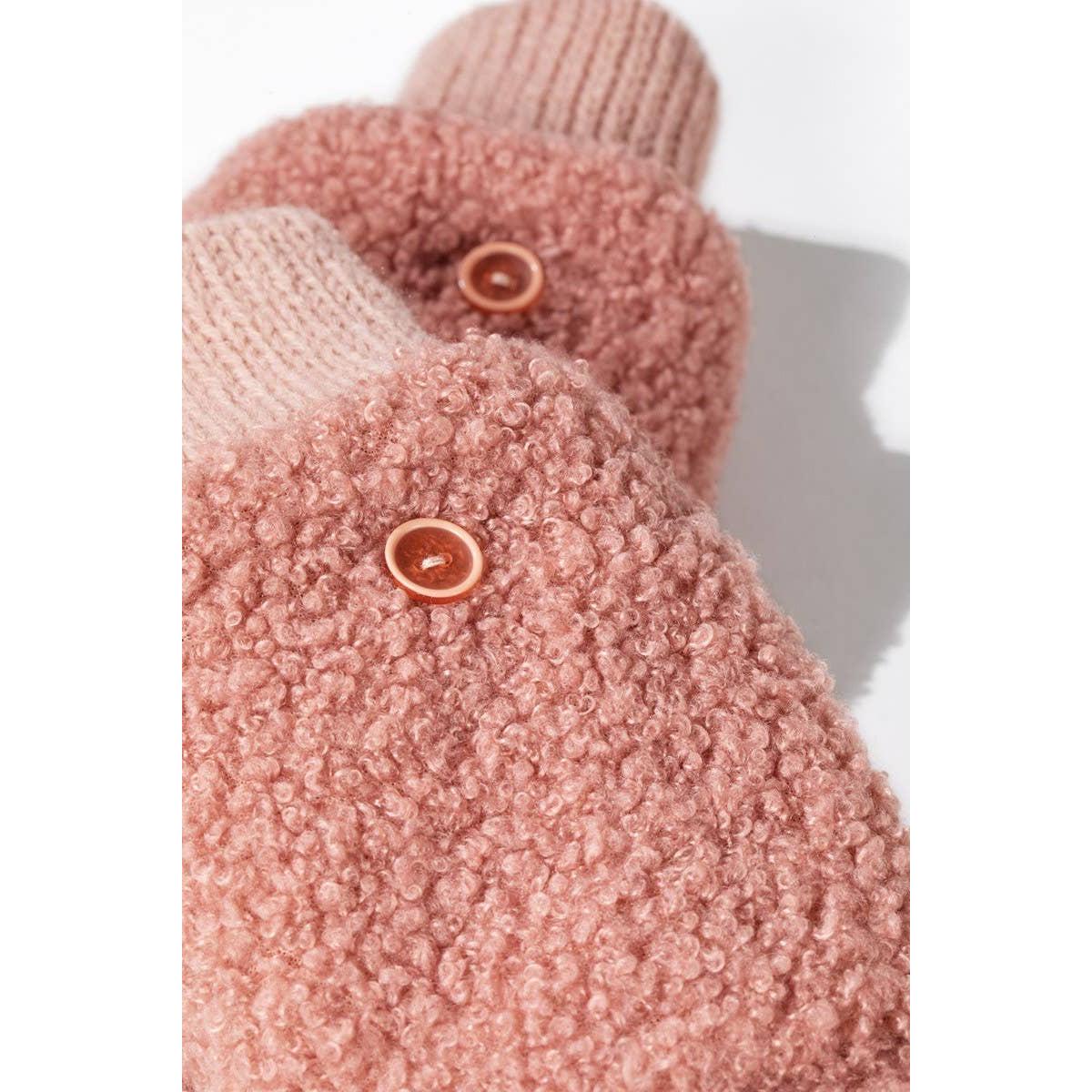 Teddy Bear Pop-Top Mittens in Blush Pink | Cozy Convertible Fleece Mittens | Winter Knit Gloves for Women