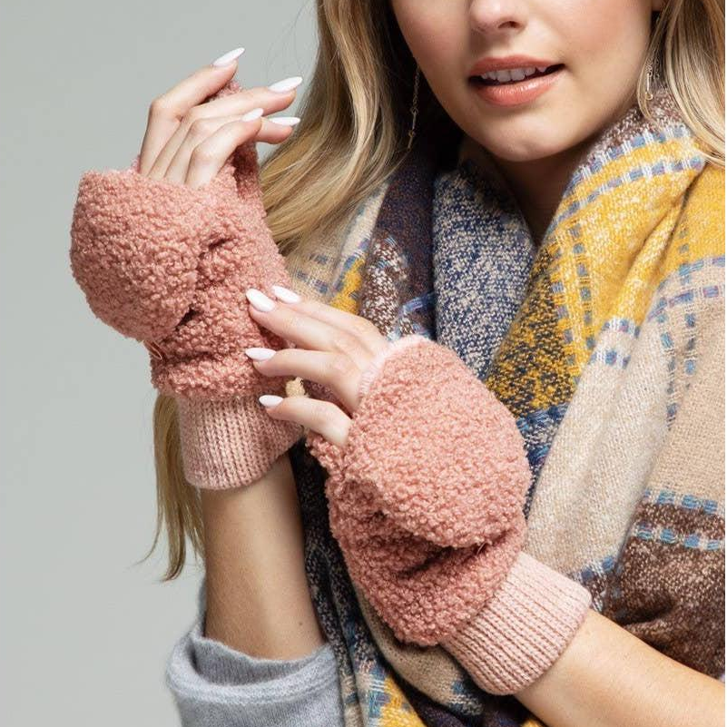 Teddy Bear Pop-Top Mittens in Blush Pink | Cozy Convertible Fleece Mittens | Winter Knit Gloves for Women