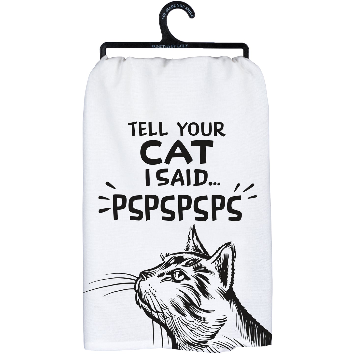 White dish towel with black text and cat illustration on a hanger