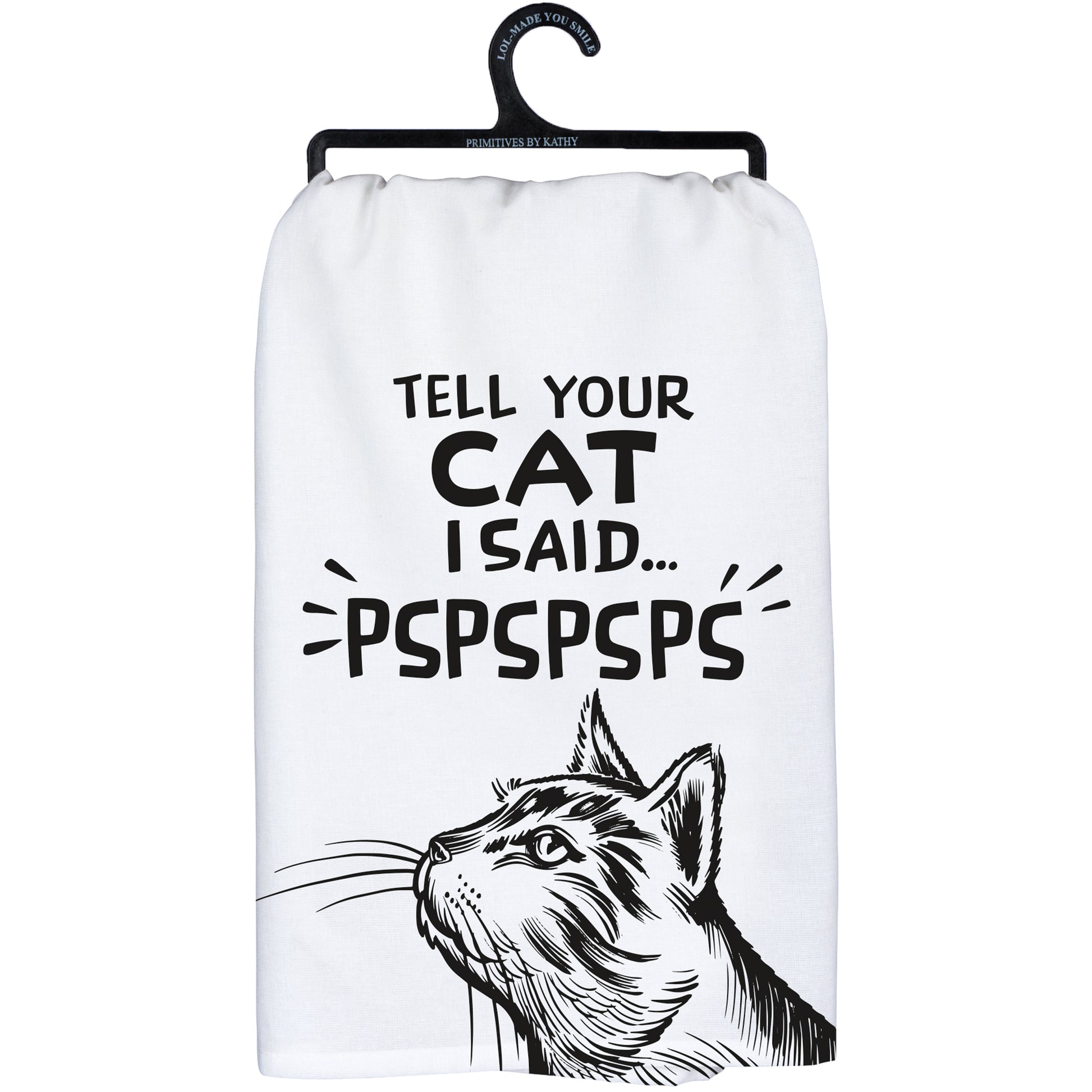 White dish towel with black text and cat illustration on a hanger