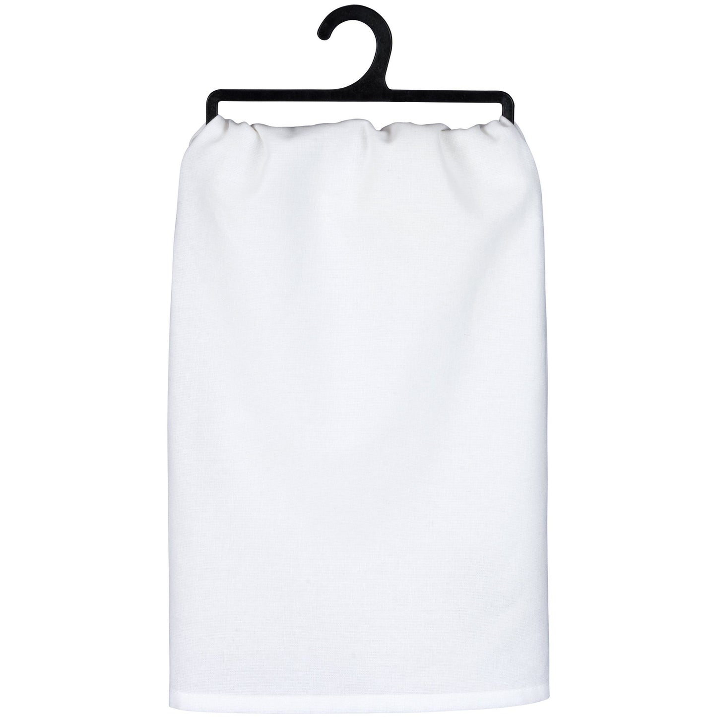 White dish towel on a black hanger against a white background