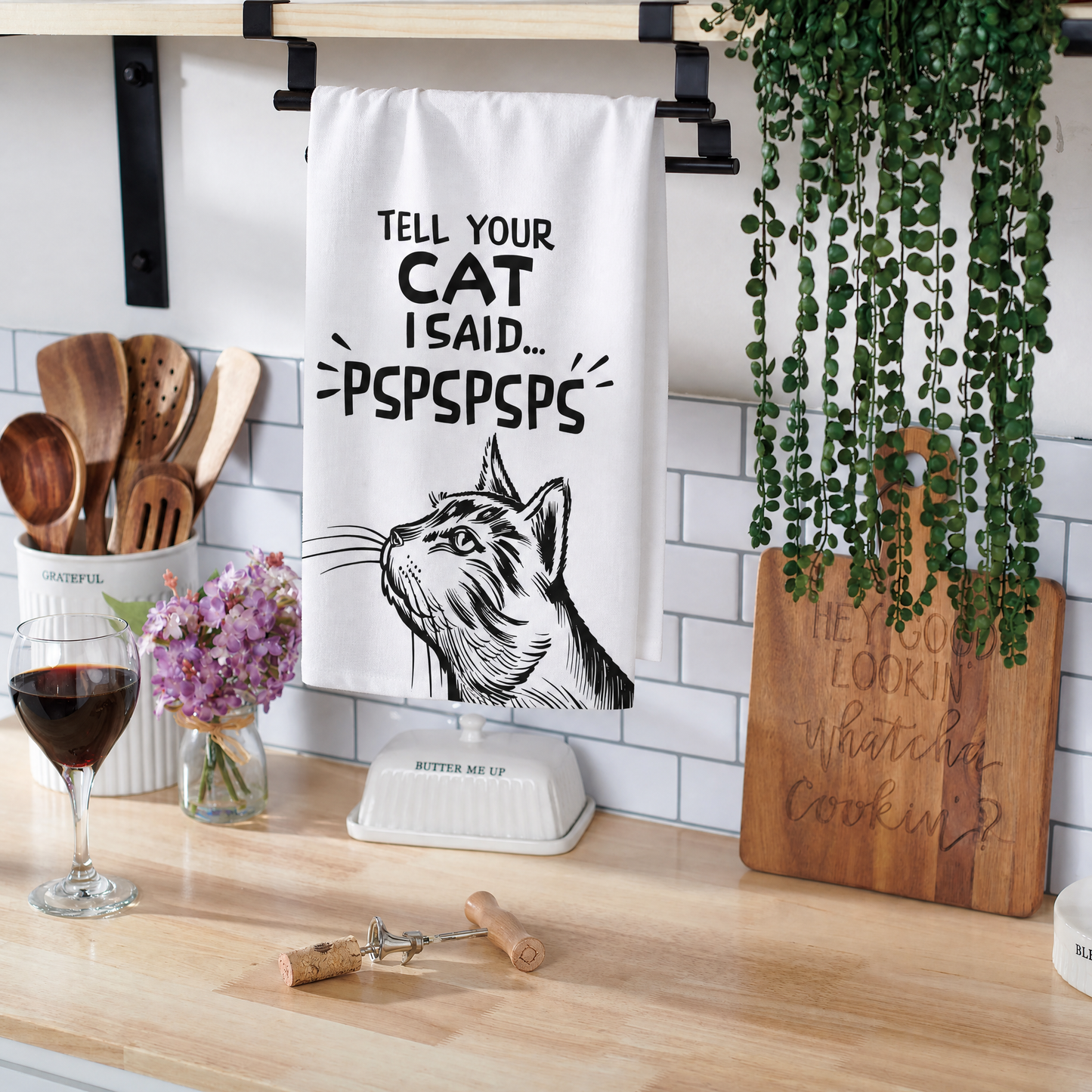 Tell Your Cat I Said Pspspsps Cotton Dish Towel in Black & White | 28" x 28"
