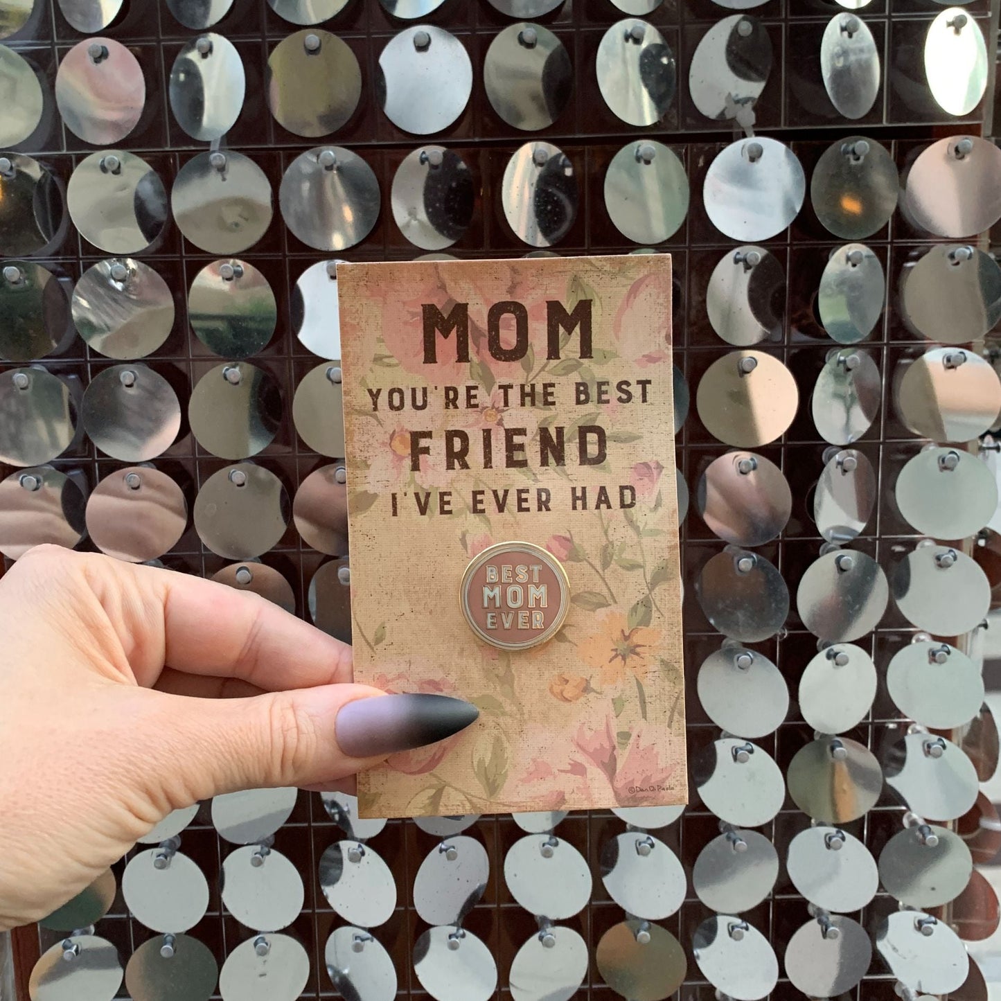 The Best Mom Ever Round Pink Enamel Pin on Gift Card