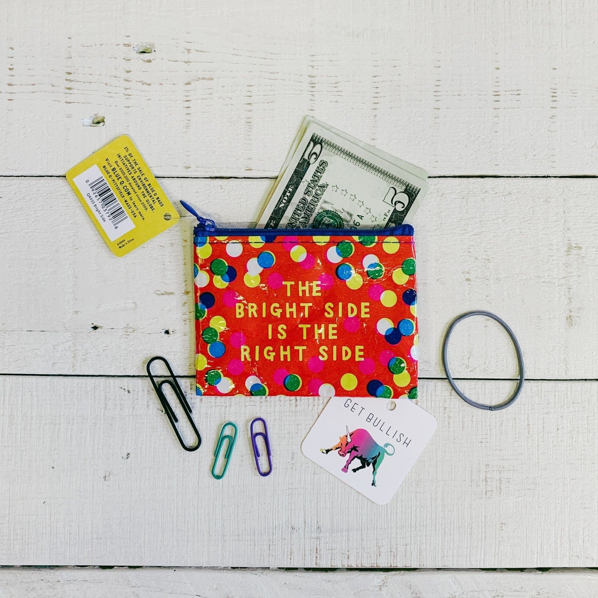 The Bright Side Is The Right Side Recycled Material Coin Purse | Recycled Material | 3"h x 4"w | BlueQ at GetBullish