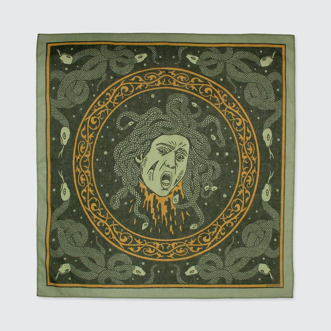 Decorative bandana with Medusa design on a green background