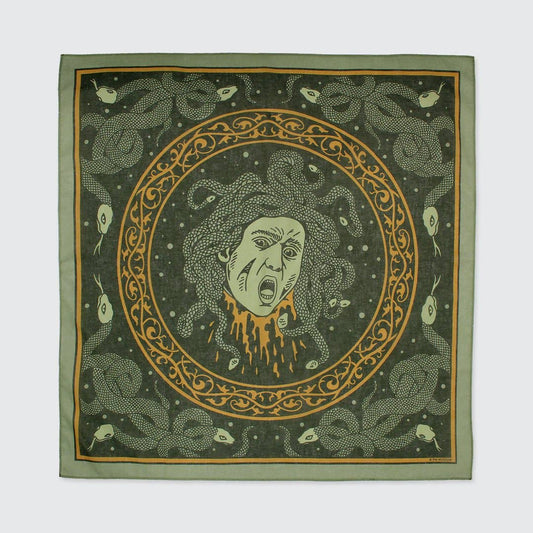 Decorative bandana with Medusa design on a green background