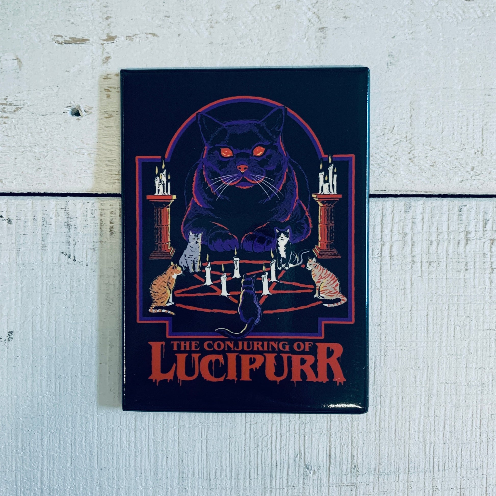 The Conjuring of Lucipurr Magnet | '80s Children's Book Style Satirical Art by Steven Rhodes