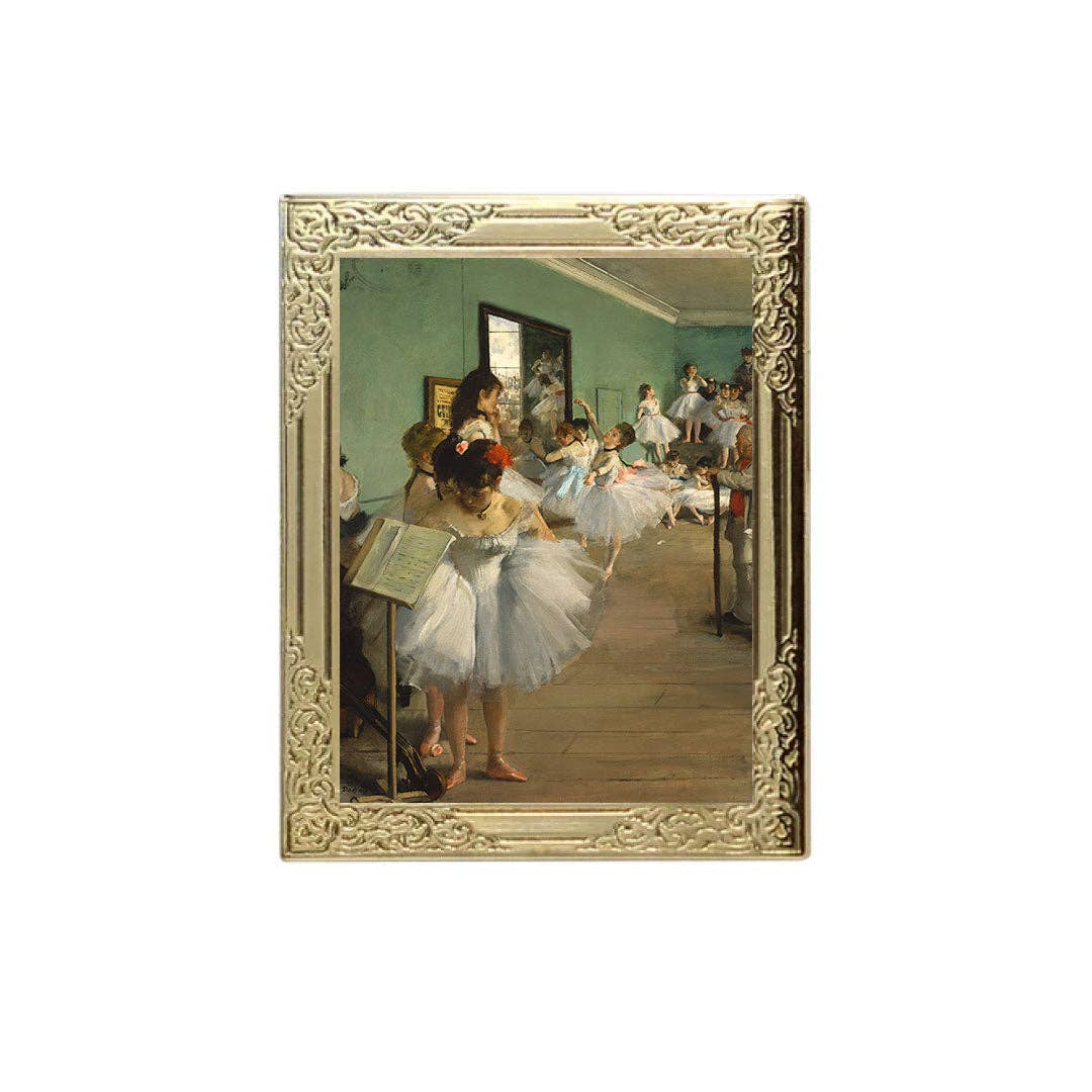 Lapel pin of framed artwork of a ballerina in a dance class 