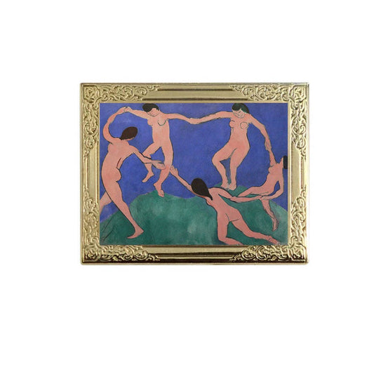 Lapel pin of framed artwork of nude figures in a circle