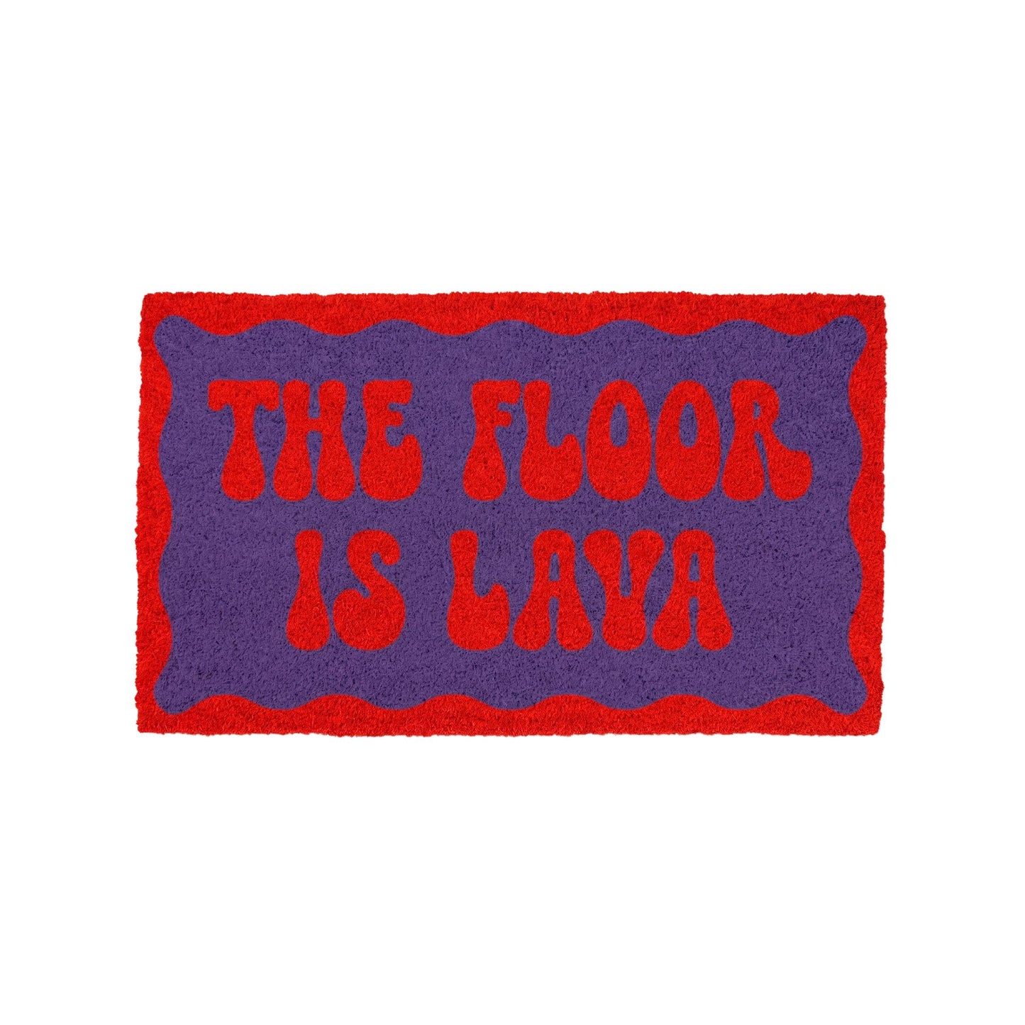 A rectangular textured doormat with a red border and red bubbly text reading 'THE FLOOR IS LAVA' on a purple background