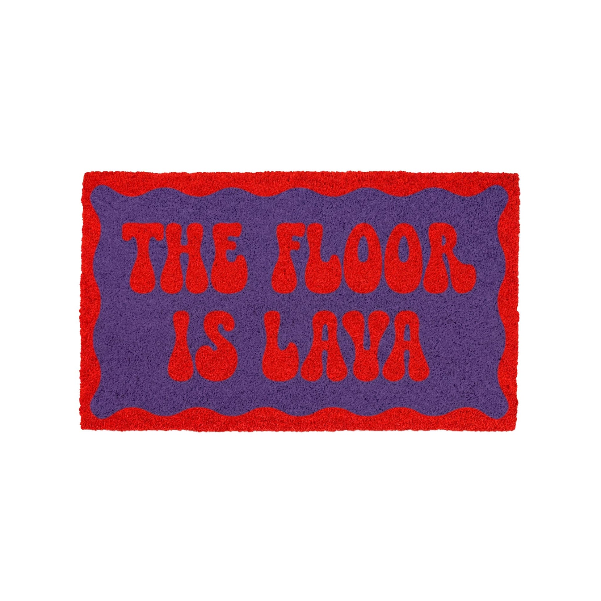 A rectangular textured doormat with a red border and red bubbly text reading 'THE FLOOR IS LAVA' on a purple background