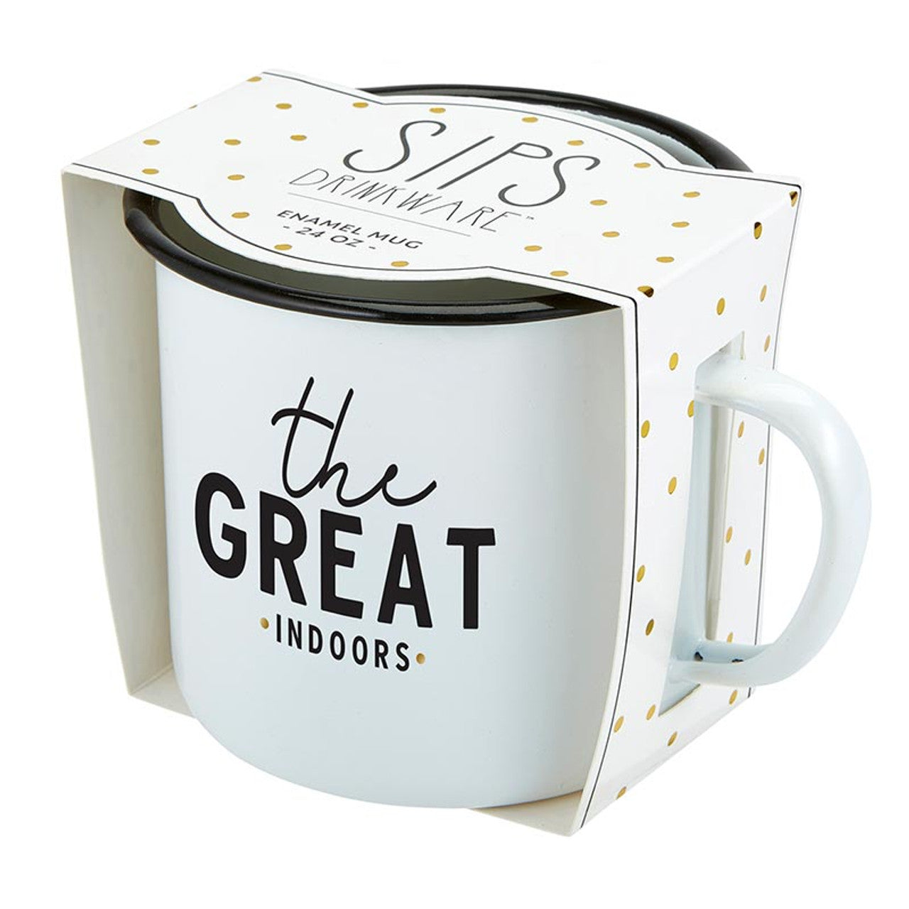 White mug with 'the GREATindoors' text in packaging
