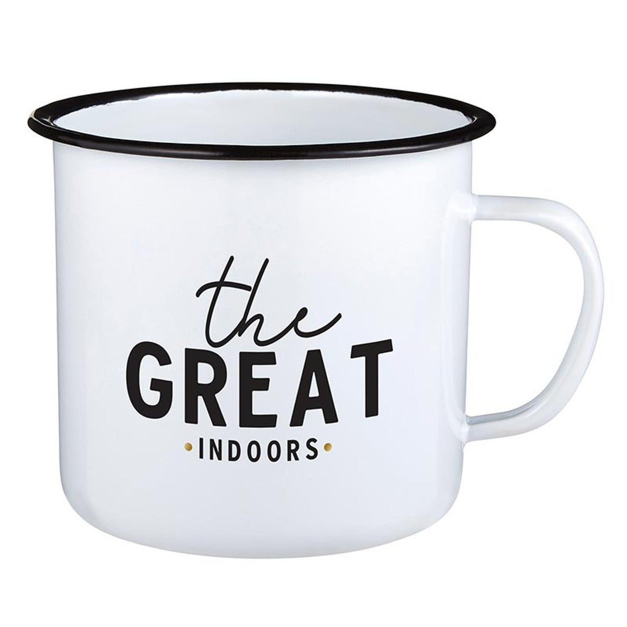 White mug with black rim and handle, featuring 'the GREATindoors' text on a white background
