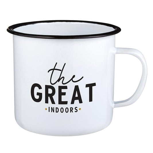 White mug with black rim and handle, featuring 'the GREATindoors' text on a white background