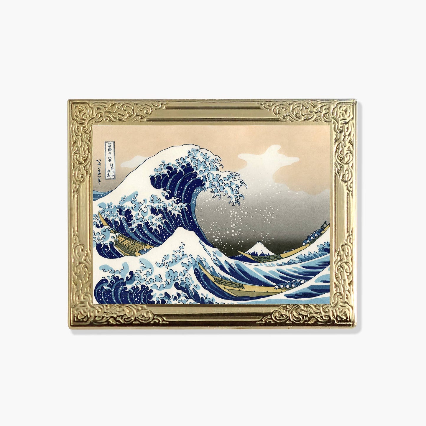Lapel pin of a framed artwork of a wave with Mount Fuji, resembling 'The Great Wave off Kanagawa' by Katsushika Hokusai.