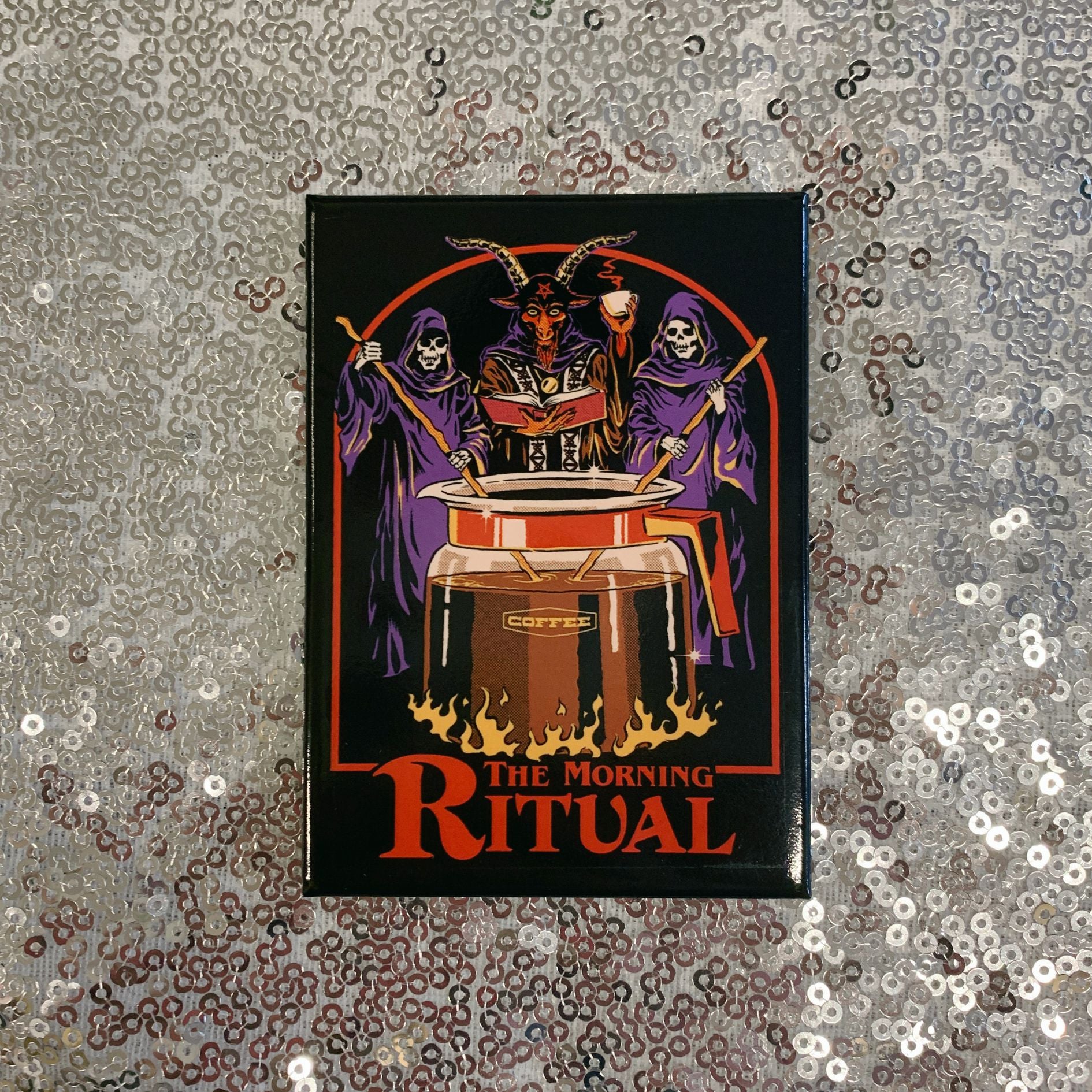 The Morning Ritual Coffee Lover Occult Fridge Magnet | '80s Children's Book Style Satirical Art by Steven Rhodes