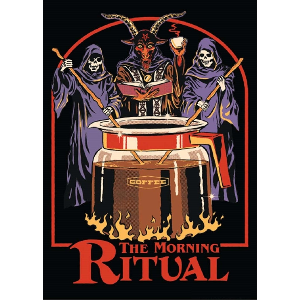 The Morning Ritual Coffee Lover Occult Fridge Magnet | '80s Children's Book Style Satirical Art by Steven Rhodes