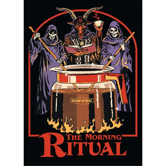 The Morning Ritual Coffee Lover Occult Fridge Magnet | '80s Children's Book Style Satirical Art by Steven Rhodes