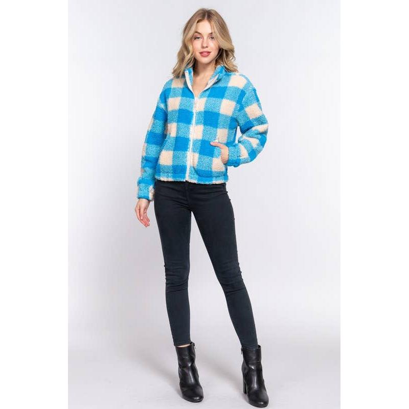 The Picnic Blanket Jacket | Plaid Faux Fur Coat in Blue or Orange [Sizes SM-L]