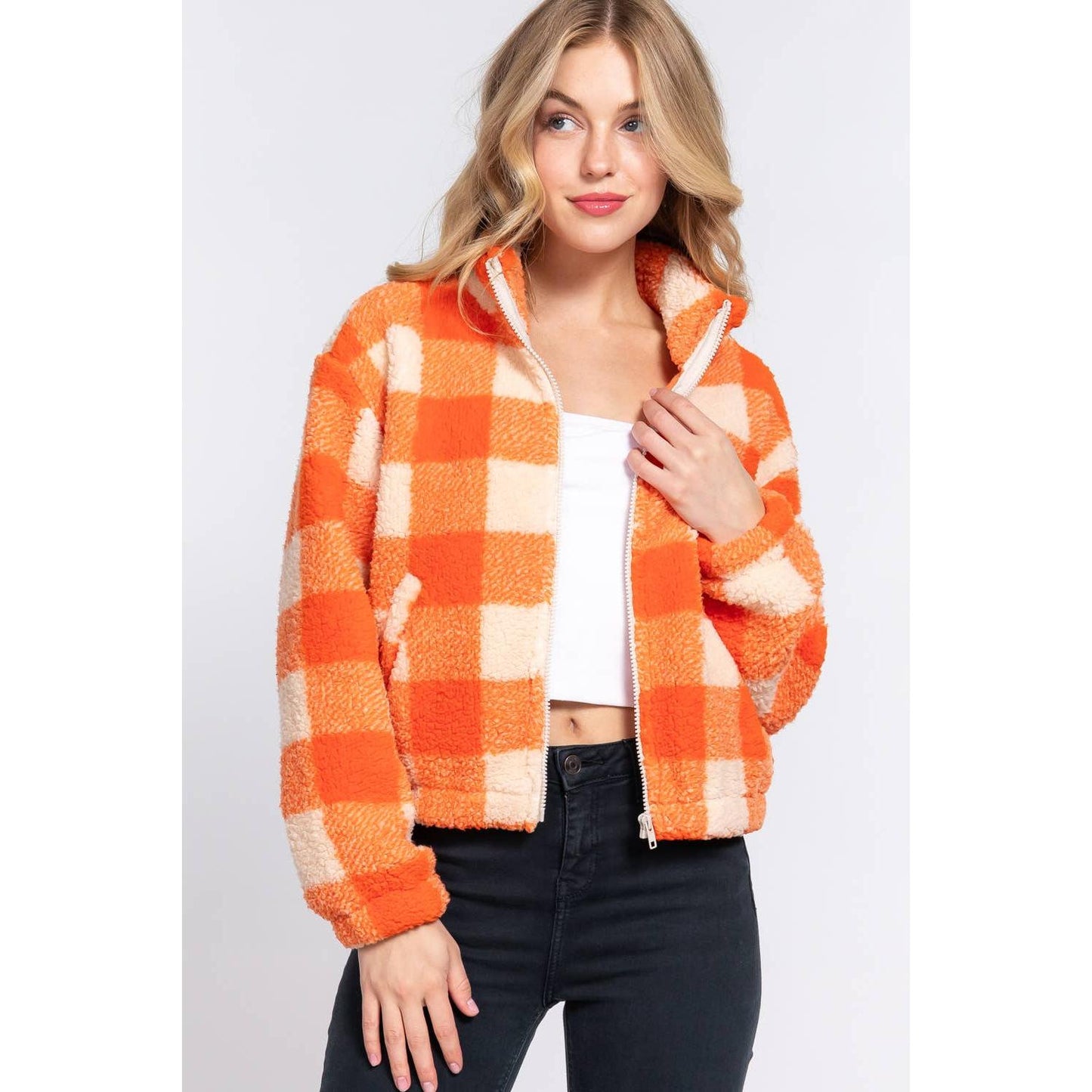 The Picnic Blanket Jacket | Plaid Faux Fur Coat in Blue or Orange [Sizes SM-L]