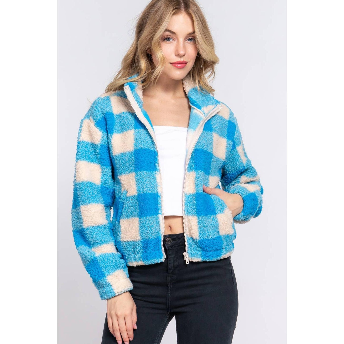 The Picnic Blanket Jacket | Plaid Faux Fur Coat in Blue or Orange [Sizes SM-L]