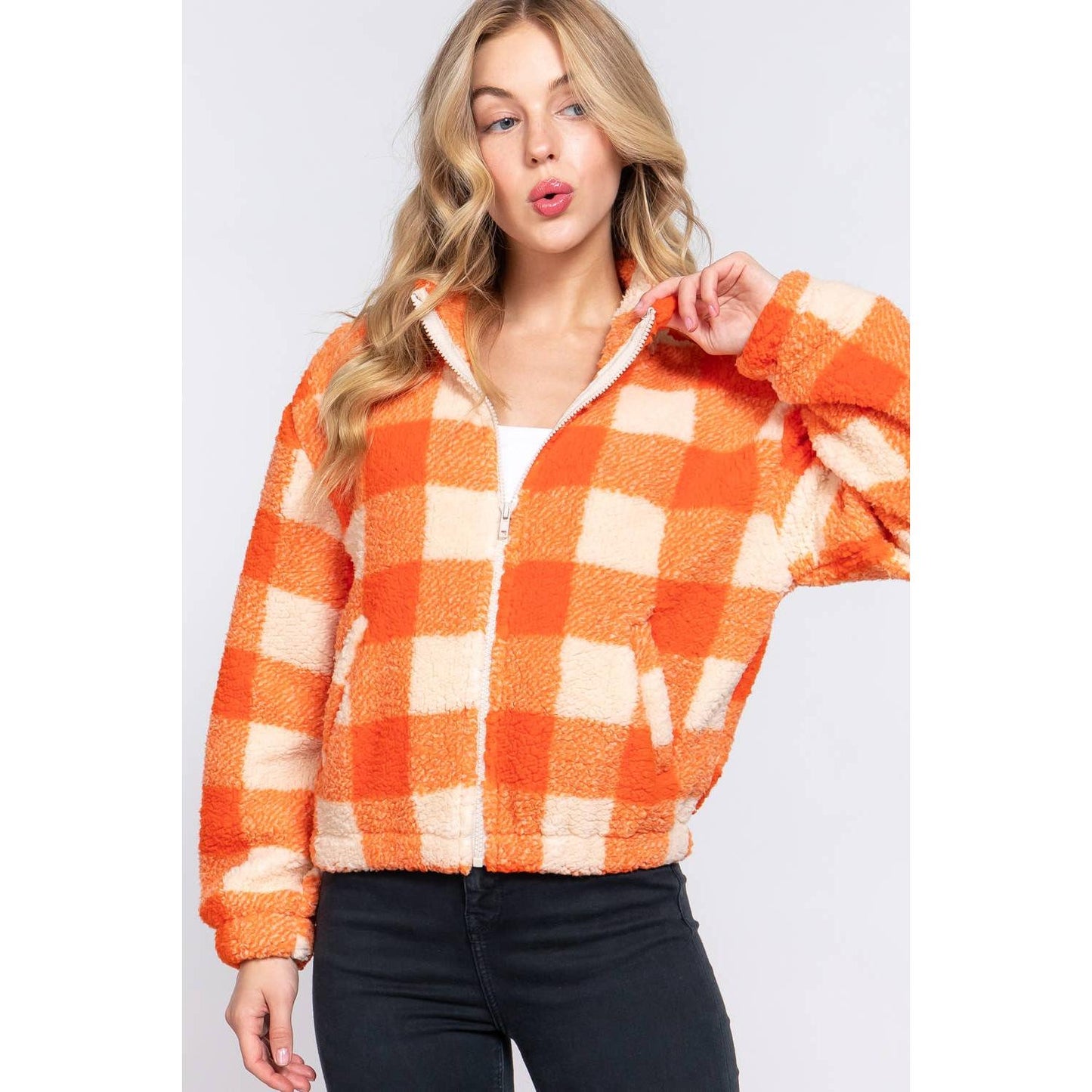 The Picnic Blanket Jacket | Plaid Faux Fur Coat in Blue or Orange [Sizes SM-L]