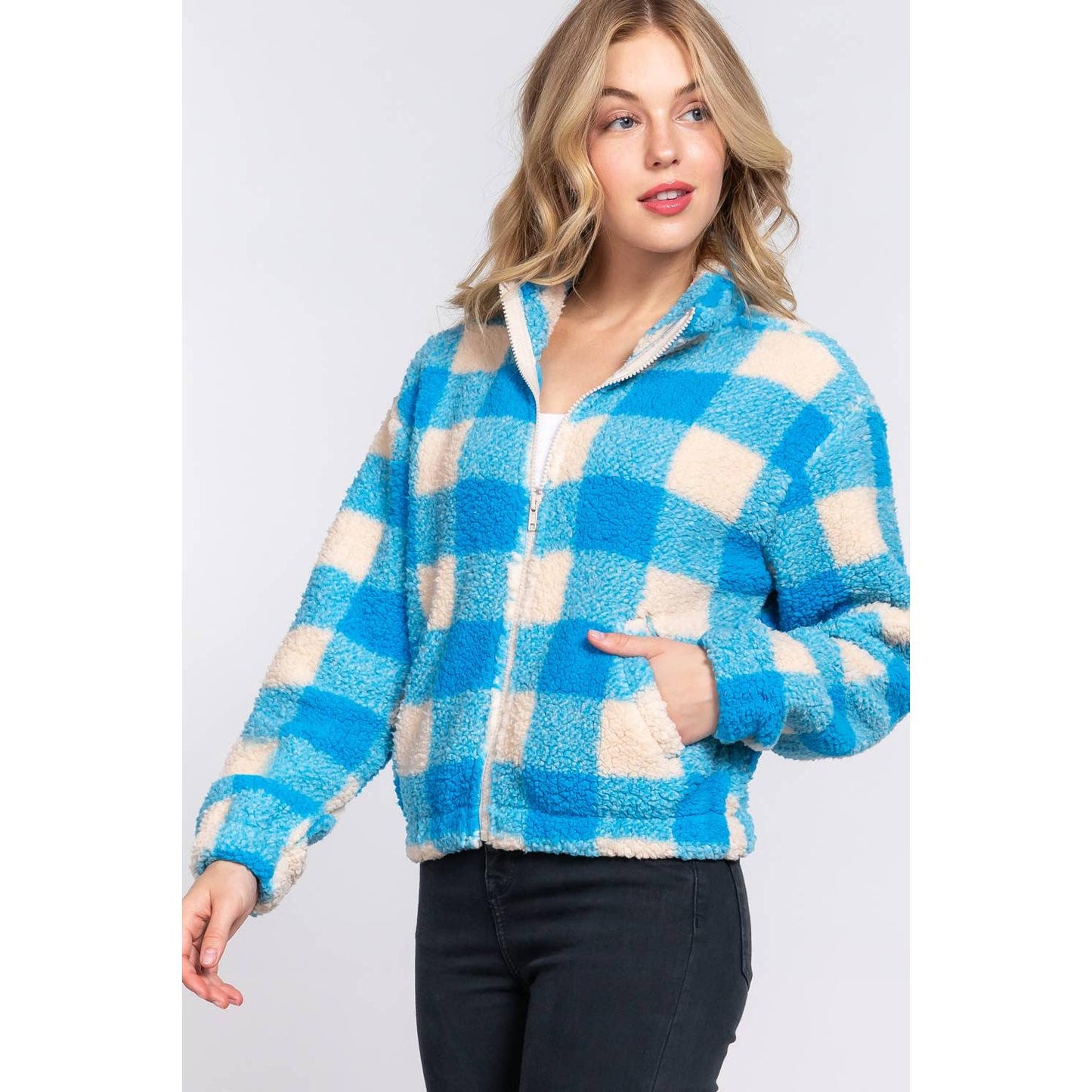 The Picnic Blanket Jacket | Plaid Faux Fur Coat in Blue or Orange [Sizes SM-L]