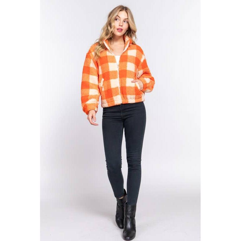 The Picnic Blanket Jacket | Plaid Faux Fur Coat in Blue or Orange [Sizes SM-L]