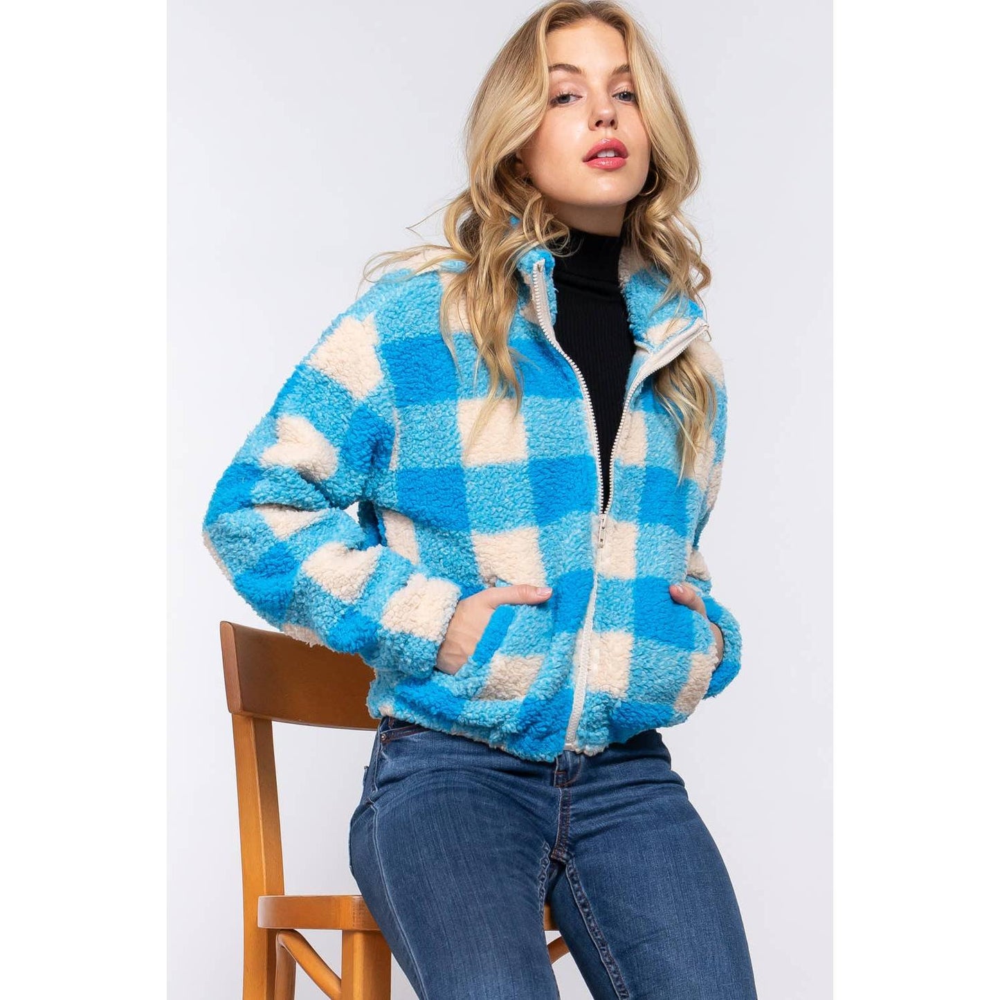 The Picnic Blanket Jacket | Plaid Faux Fur Coat in Blue or Orange [Sizes SM-L]
