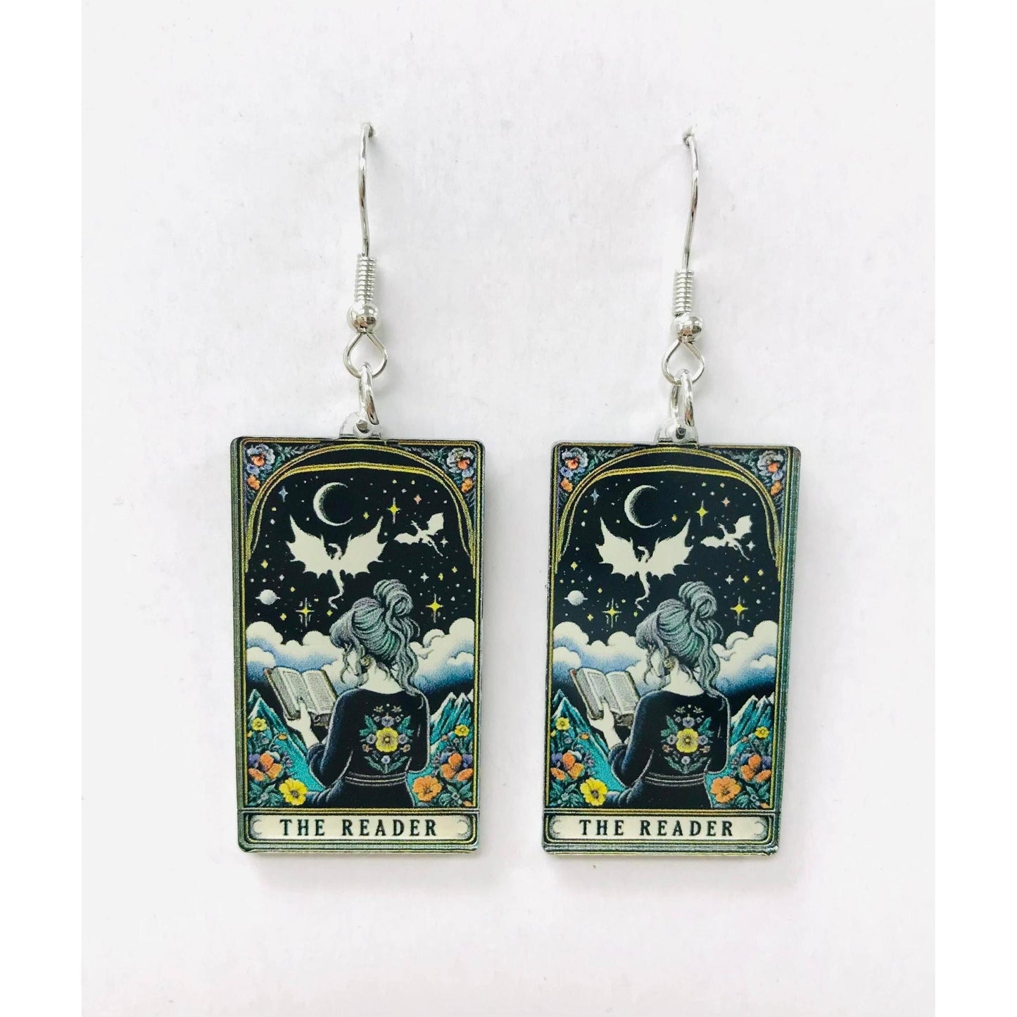 Earrings with 'The Reader' tarot card design 