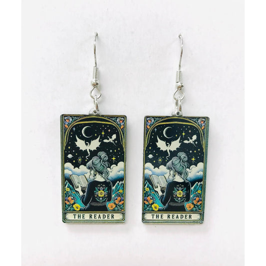 Earrings with 'The Reader' tarot card design 