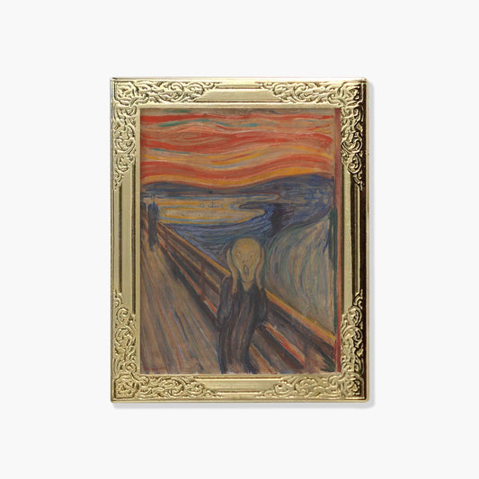 Lapel pin of a framed reproduction of 'The Scream' by Edvard Munch 