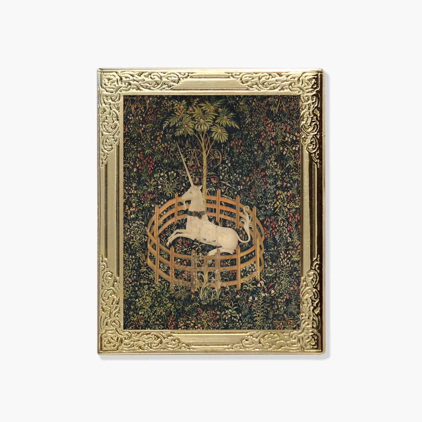 Lapel pin of a decorative tapestry with a unicorn in a gold frame 
