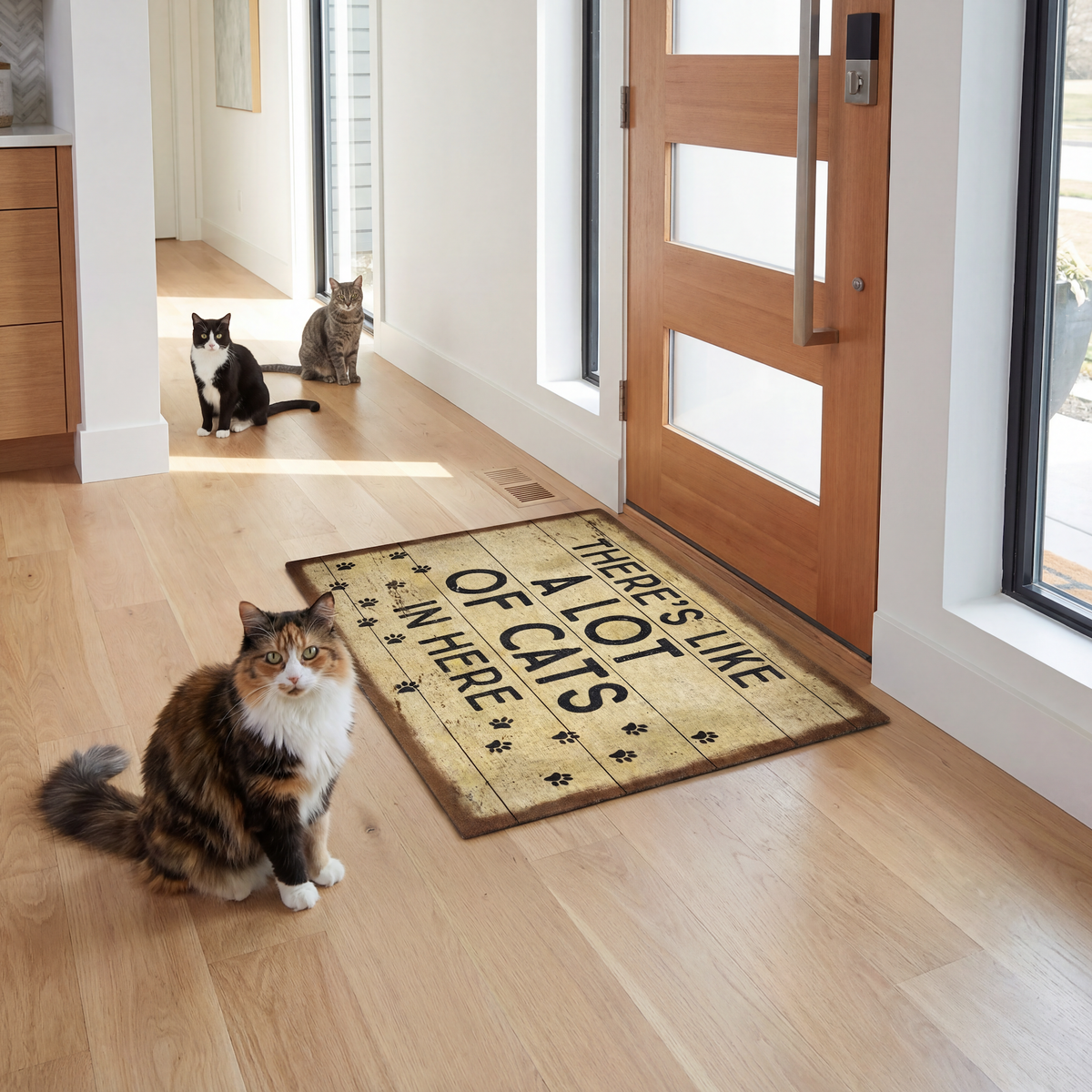 Doormat with text 'There's Like a Lot of Cats in Here' on a wooden floor with cats around.