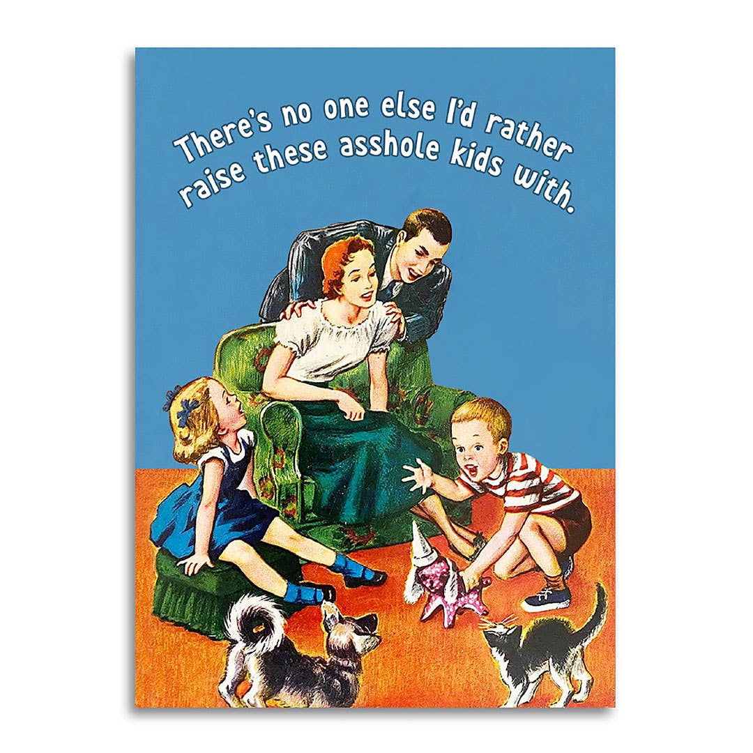 Vintage-style illustration of a family with children and pets on a blue background with text.