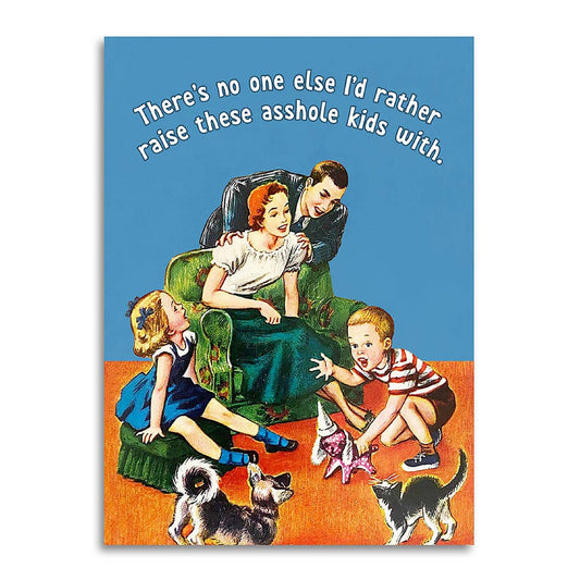 Vintage-style illustration of a family with children and pets on a blue background with text.