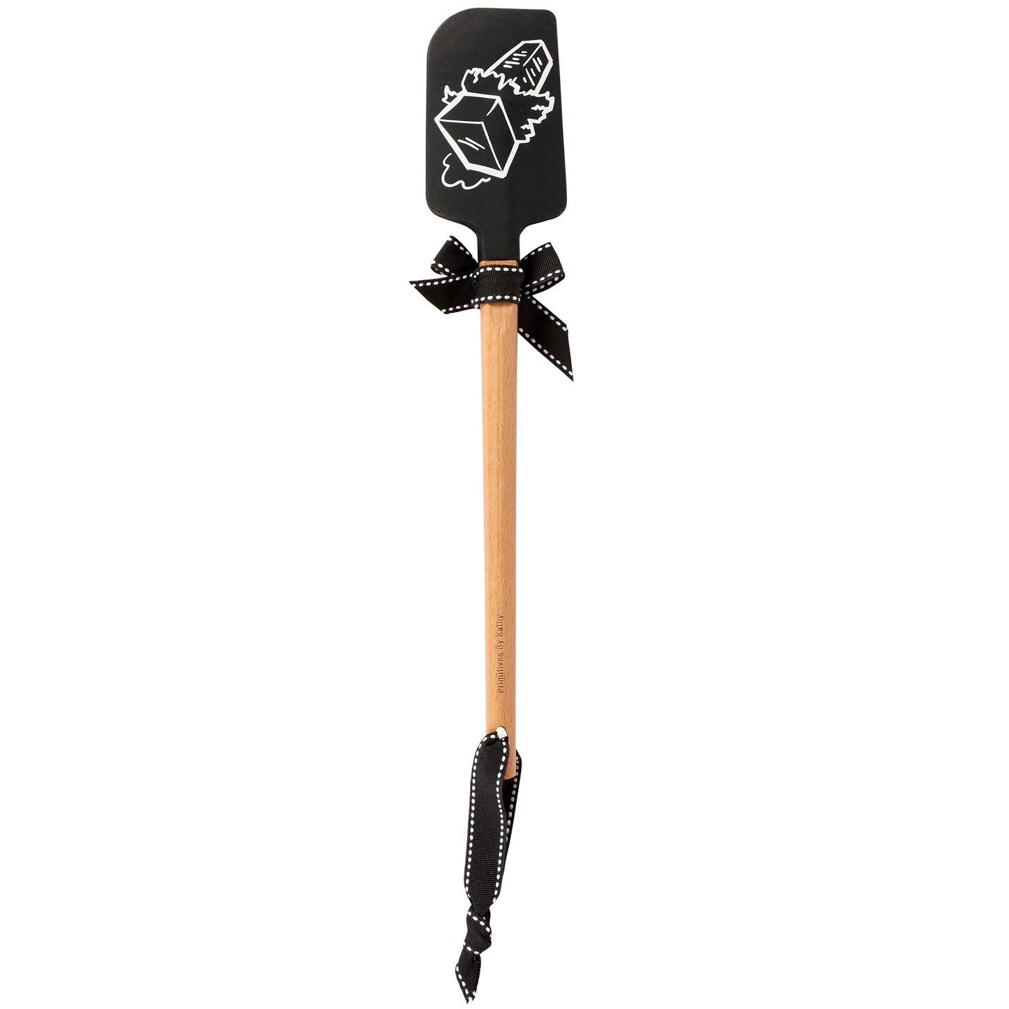 Spatula with black handle and decorative elements on a white background