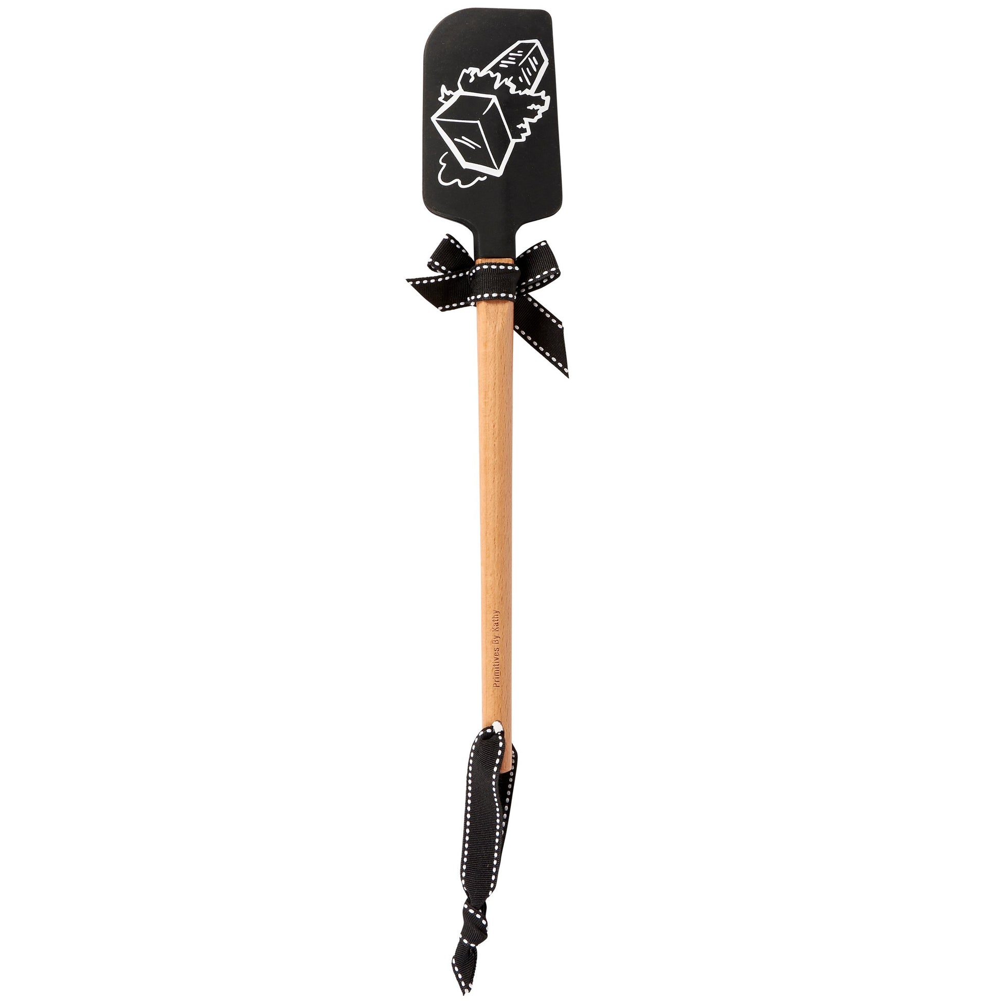 Spatula with black handle and decorative elements on a white background