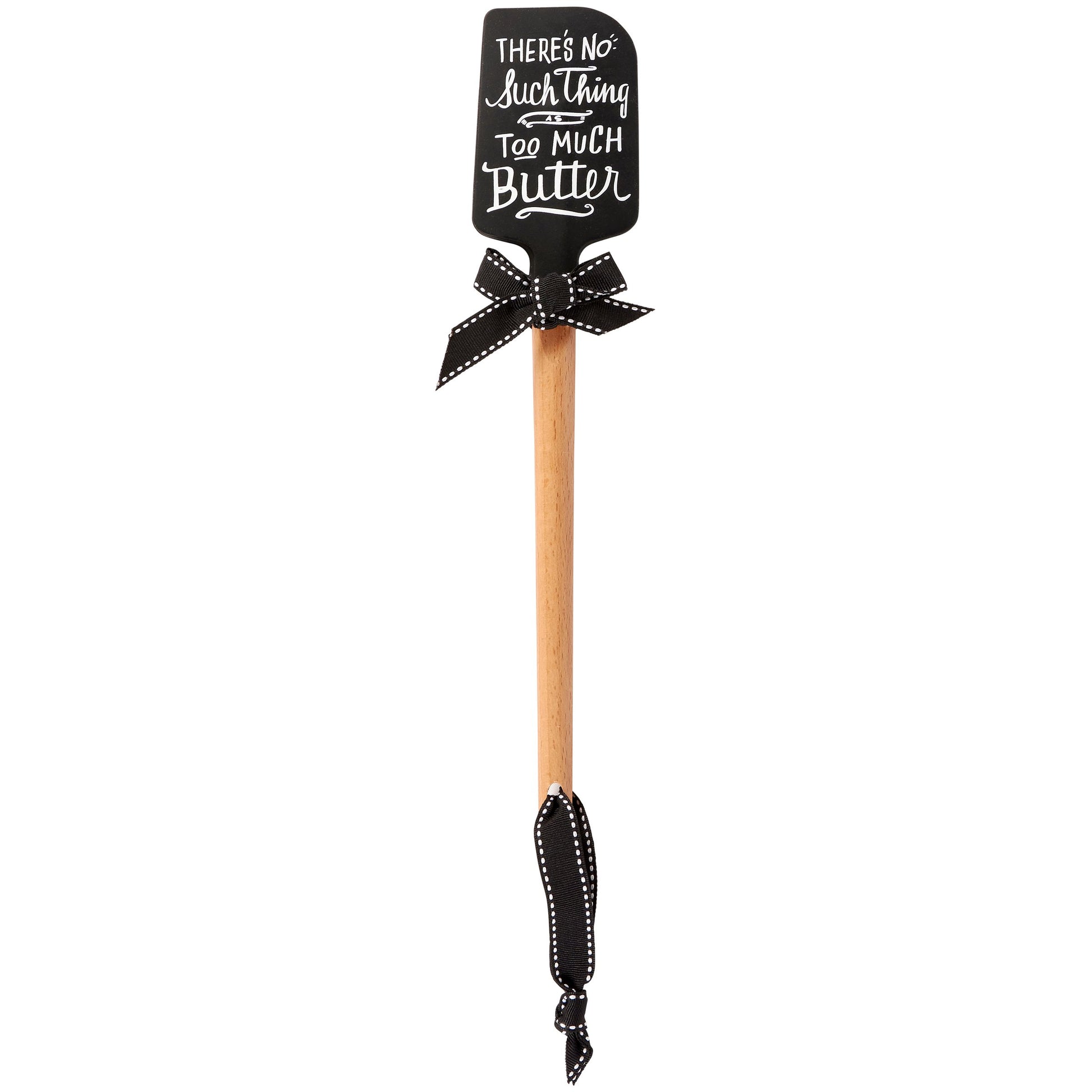 Butter spatula with decorative handle and text on a white background