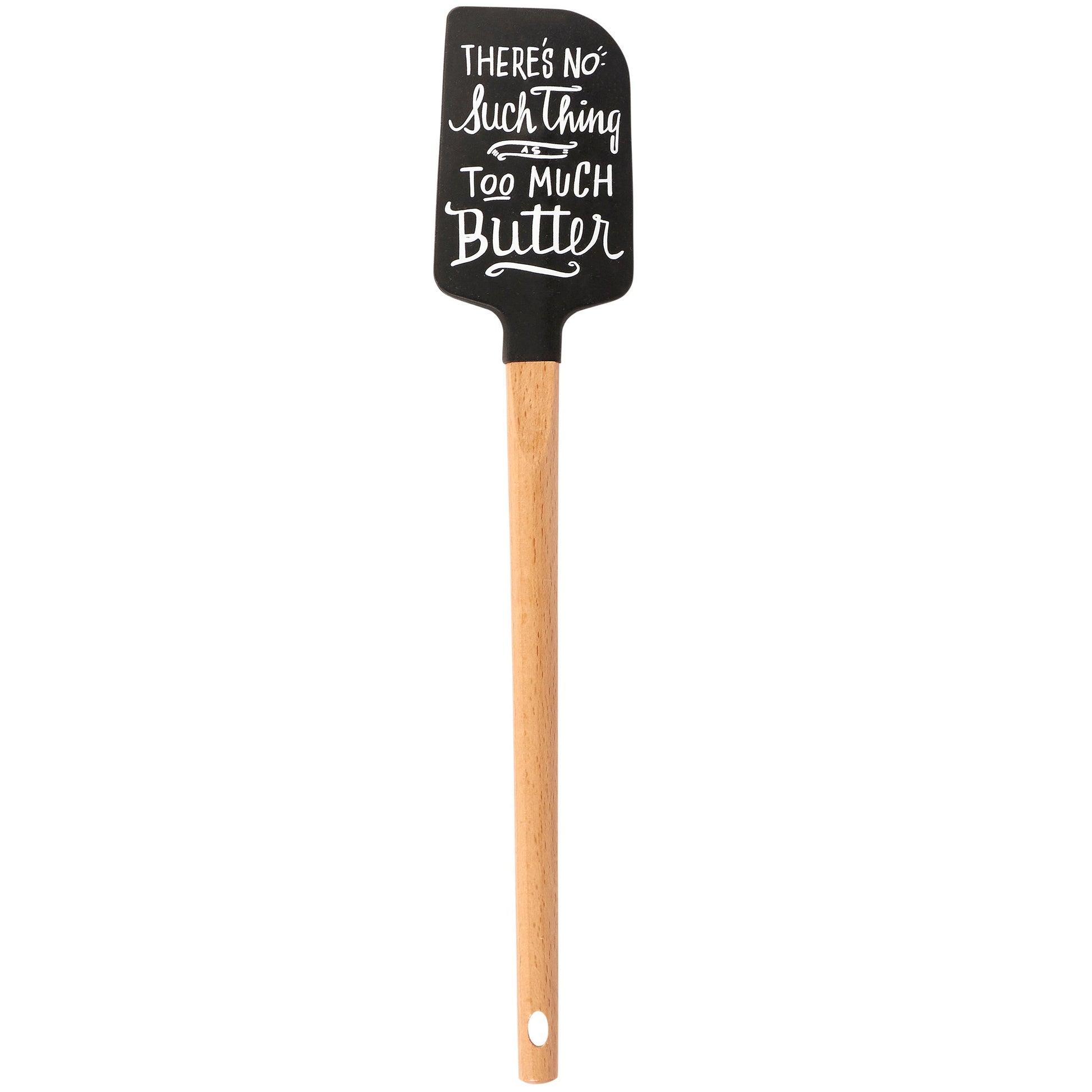 Black spatula with wooden handle and text on a white background