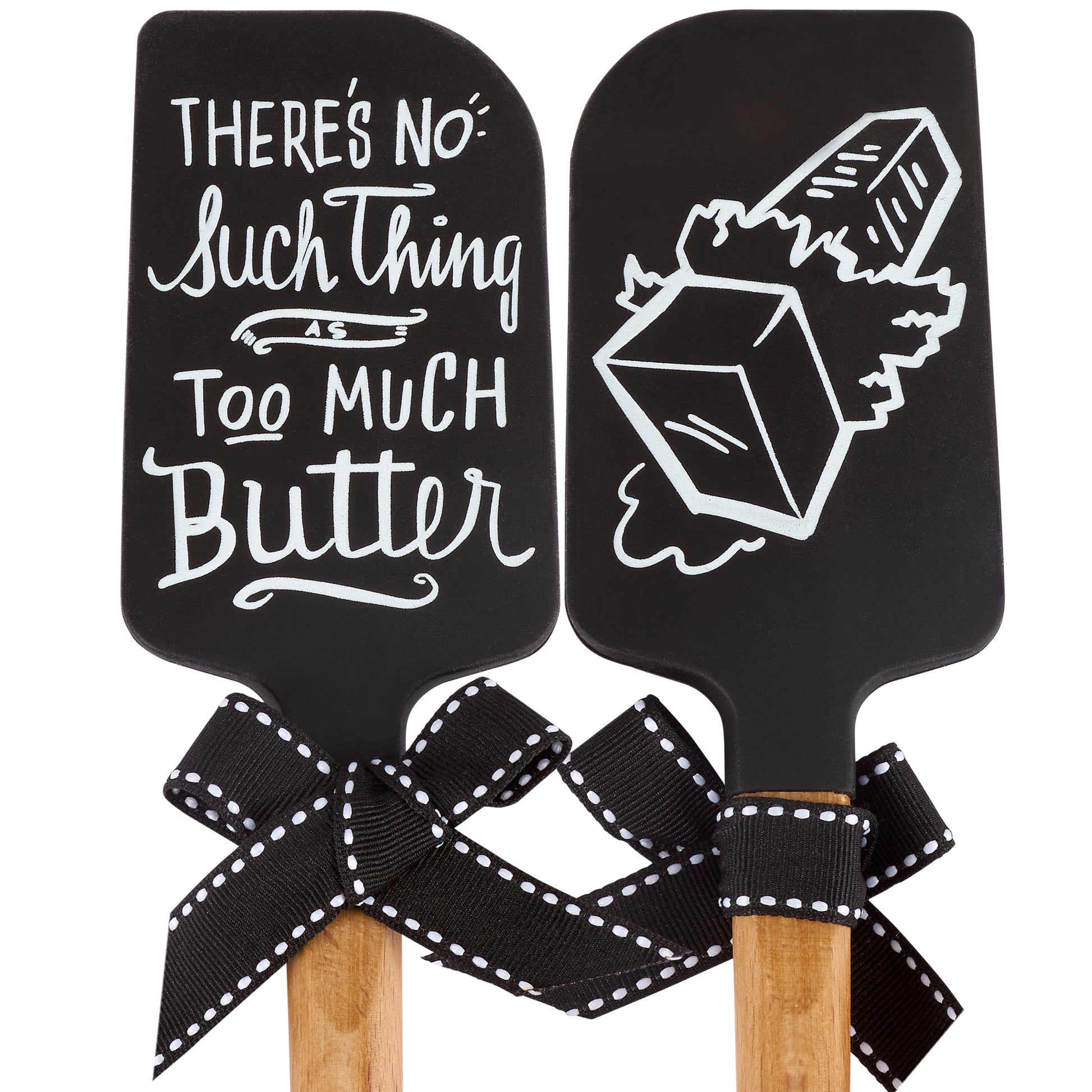 Two black spatulas with butter design, decorative handles and text on a white background