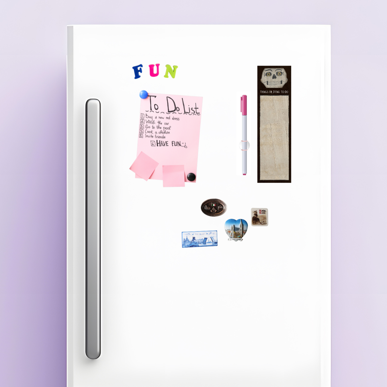 White magnetic board with various items on a light purple background