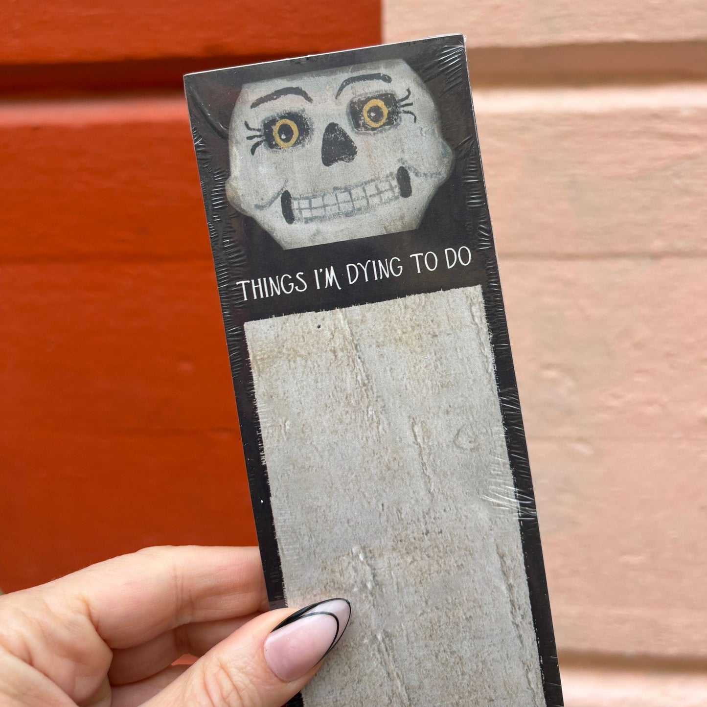 Things I'm Dying To Do Magnetic List Pad with Skeleton Face Illustration | Halloween-themed Notepad